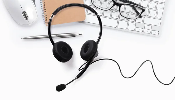 White Office Desk Computer Headset Supplies Tabletop Remote Work Concept — Stock Photo, Image