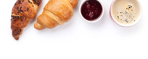 Breakfast Coffee Croissants Top View Flat Lay Isolated White Background — Stock Photo, Image