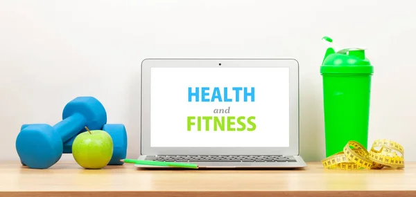 Healthy Lifestyle Fitness Sport Online Technology Concept Laptop Workout Equipment — Stock Photo, Image