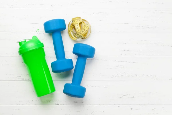 Fitness Equipment Wooden Background Top View Flat Lay Copy Space — Stock Photo, Image