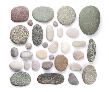 Set of various sea stones. Isolated on white background. Top view flat lay clipart