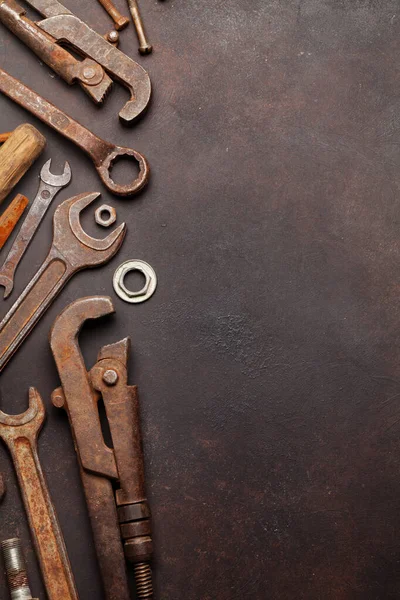 Vintage Old Tools Stone Backdrop Top View Copy Space Flat — Stock Photo, Image