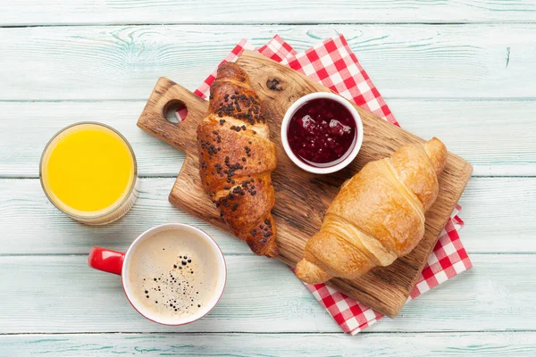 Breakfast Coffee Orange Juice Croissant Top View Wooden Table Flat — Stock Photo, Image