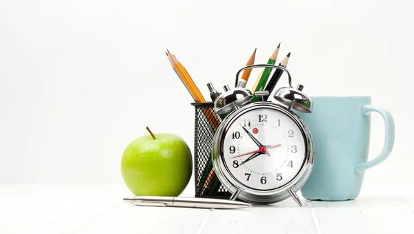 Office Workplace Desk Table Supplies Apple Coffee Alarm Clock Morning — Stock Photo, Image