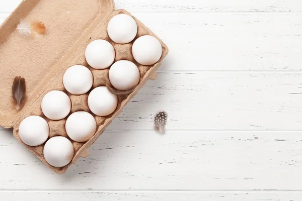 White Chicken Eggs Box Wooden Background Top View Copy Space — Stock Photo, Image