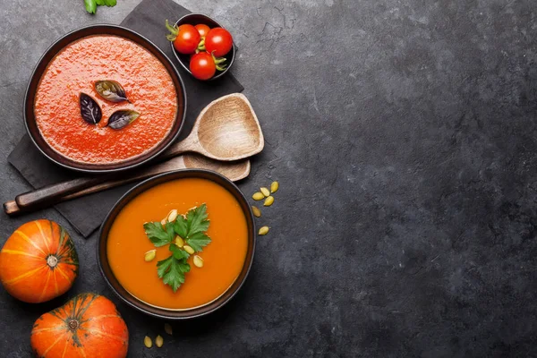 Tomato Pumpkin Vegetable Soup Stone Backdrop Top View Copy Space — Stock Photo, Image
