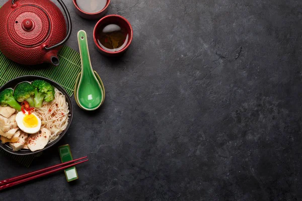 Asian Noodle Ramen Soup Chicken Vegetables Eggs Herbal Tea Stone — Stock Photo, Image