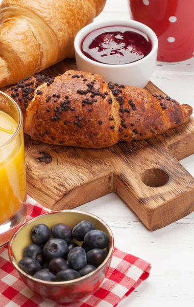 Breakfast Coffee Orange Juice Croissant Wooden Table — Stock Photo, Image