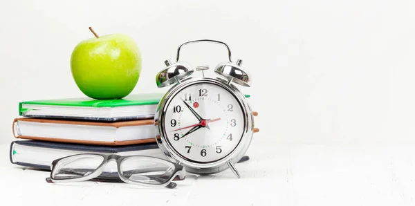 Office Workplace Desk Table Supplies Alarm Clock Morning Deadline Concept — Stock Photo, Image