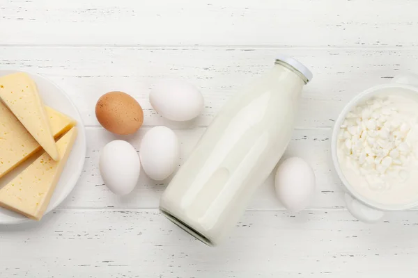 Dairy Products Milk Cottage Cheese Eggs Wooden Table Top View — Stock Photo, Image