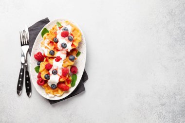 Yaz meyveli tatlı ile lezzetli Belçika waffle 'ları. Kopyalama alanı olan üst görünüm