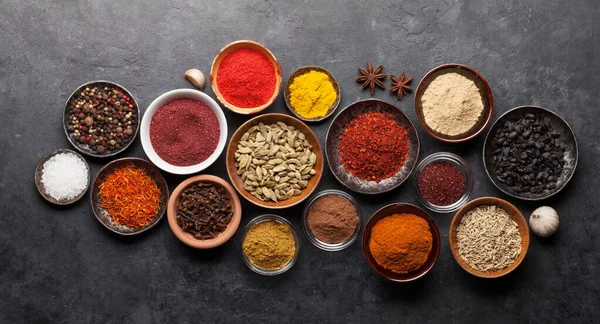 Various Spices Bowls Dark Stone Table Indian Cuisine Top View — Stock Photo, Image