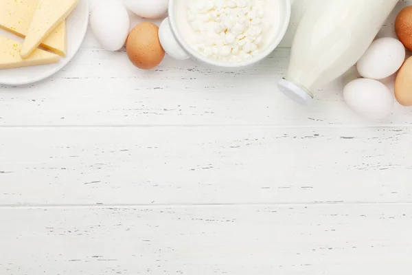 Dairy Products Milk Cottage Cheese Eggs Wooden Table Top View — Stock Photo, Image