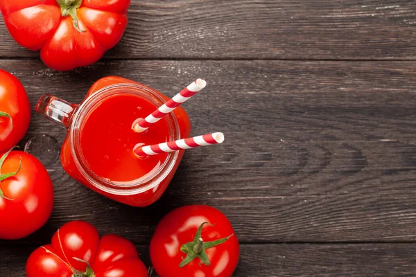 Succo Pomodoro Fresco Pomodori Maturi Sul Tavolo Legno Vista Dall — Foto Stock