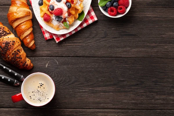 Delicious Belgian Waffles Summer Berries Croissants Breakfast Coffee Top View — Stock Photo, Image