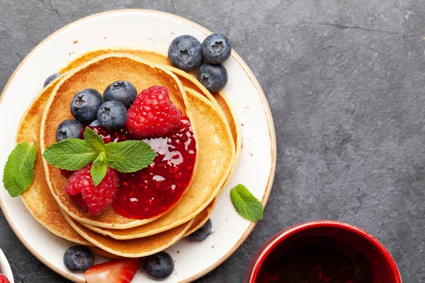 Delicious Homemade Pancakes Summer Berries Tea Breakfast Top View Copy — Stock Photo, Image