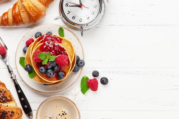 Delicious Homemade Pancakes Summer Berries Coffee Breakfast Top View Copy — Stock Photo, Image