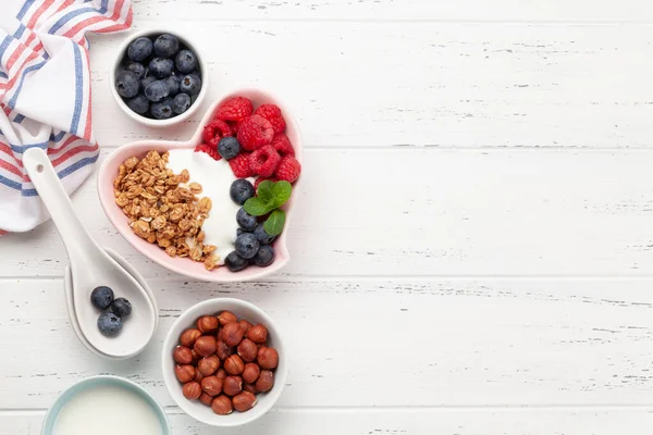 Healthy Breakfast Homemade Granola Yogurt Fresh Berries Wooden Background Top — Stock Photo, Image