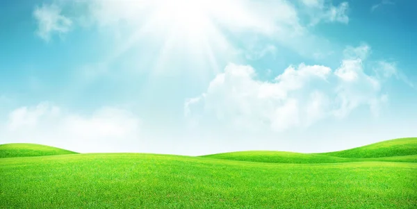 Campo Hierba Verde Cielo Azul Con Sol Brillante Paisaje Verano — Foto de Stock