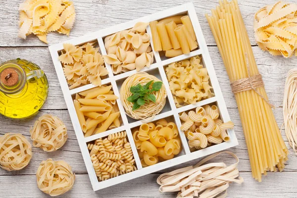 Olika Pasta Trälåda Ovanifrån Platt Låg — Stockfoto