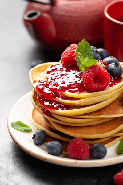 Delicious Homemade Pancakes Summer Berries Jam — Stock Photo, Image