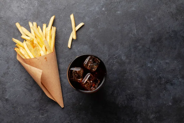 Vaso Bebida Cola Con Patatas Fritas Hielo Comida Rápida Para — Foto de Stock