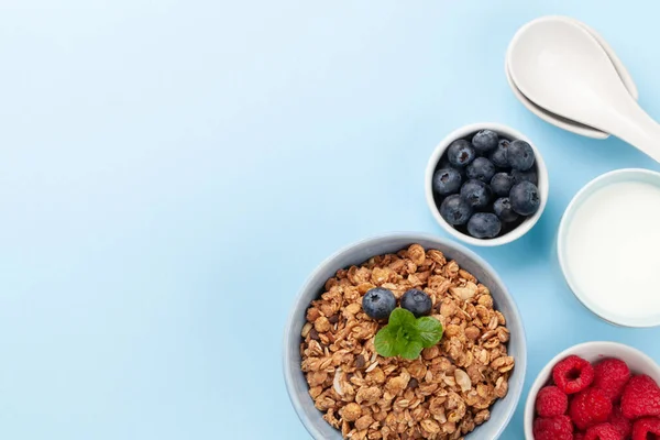 Healthy Breakfast Homemade Granola Yogurt Fresh Berries Blue Background Top — Stock Photo, Image