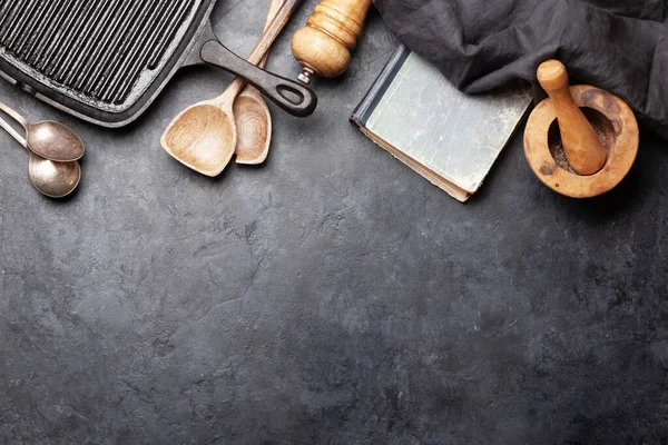 Utensilios Cocina Ingredientes Sobre Fondo Piedra Vista Superior Con Espacio — Foto de Stock