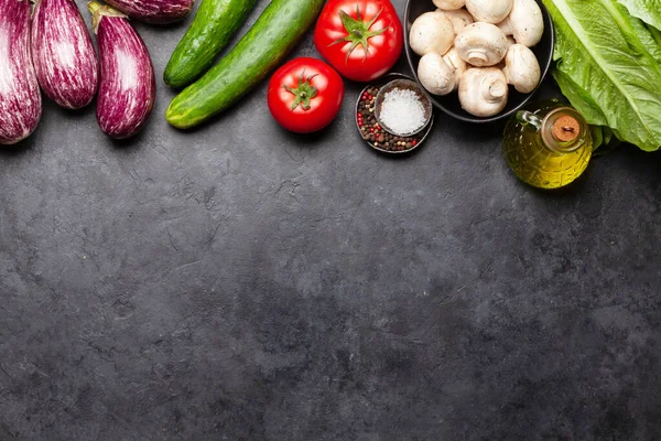 Ingredienti Cottura Sfondo Pietra Verdure Funghi Insalata Vista Dall Alto — Foto Stock