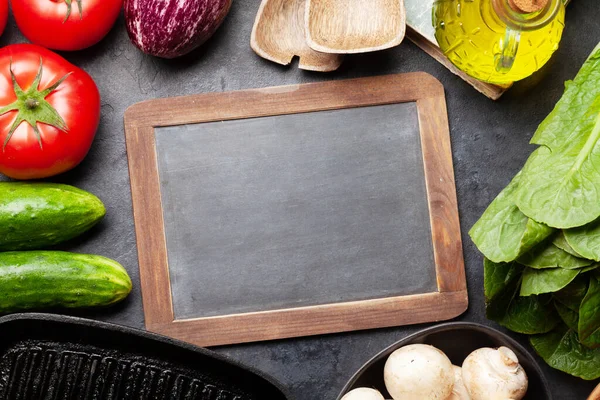 Cooking Utensils Ingredients Stone Background Top View Chalkboard Your Recipe — Stock Photo, Image