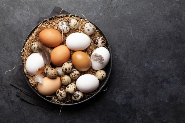 Taş Zeminde Beyaz Kahverengi Bıldırcın Yumurtası Kopyalama Alanı Olan Üst — Stok fotoğraf