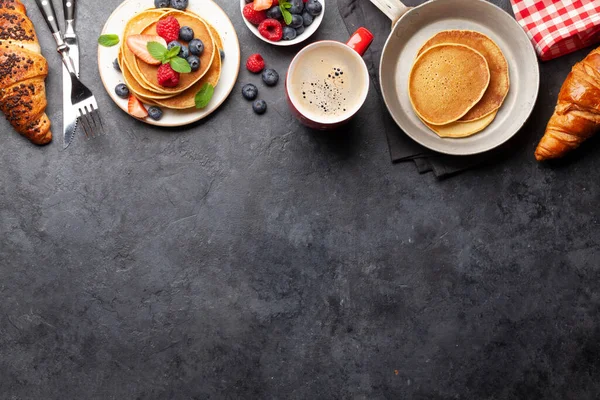 Delicious Homemade Pancakes Summer Berries Coffee Breakfast Top View Copy — Stock Photo, Image