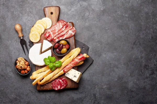 Cheese Meat Olives Antipasto Appetizer Selection Board Top View Copy — Stock Photo, Image