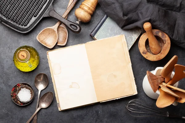 Főzőeszközök Összetevők Háttér Top Nézet Szakácskönyv Recept Lapos Fektetés — Stock Fotó