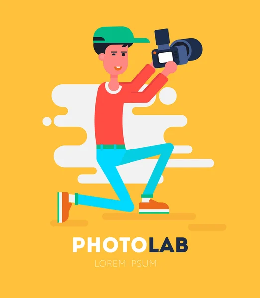 Cool photographe vectoriel personnage accroupi avec l'appareil photo et de prendre des photos . — Image vectorielle