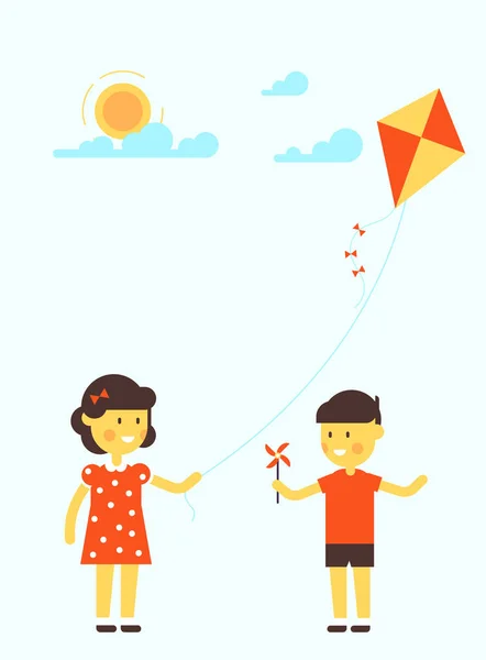 Ittle girl and boy with kite. — Stock Vector