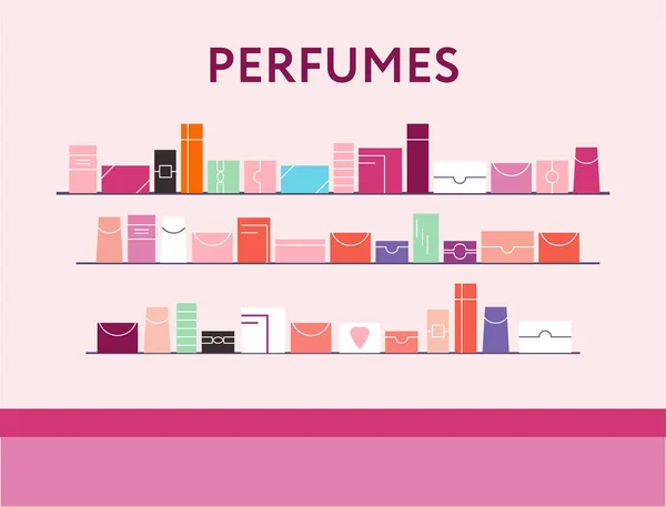 Department store with the shelves full of perfumes. — Stock Vector