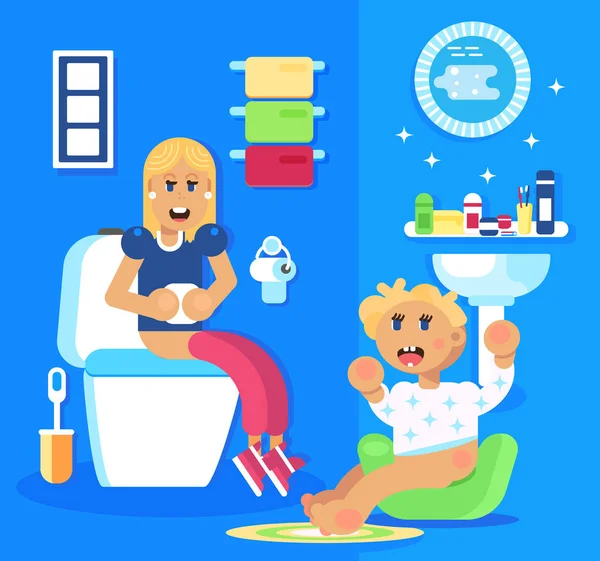 Genç kız ve çocuk gece pot üzerinde oturma bebek