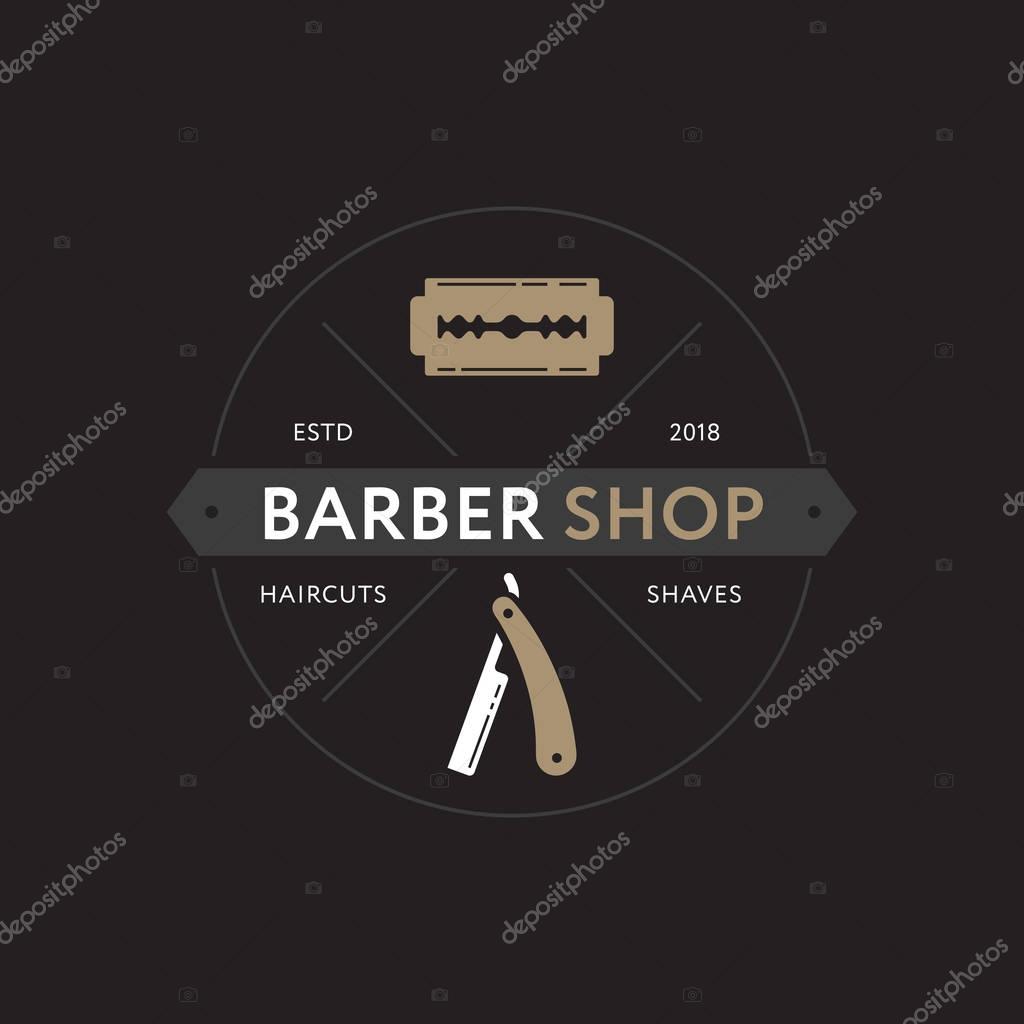 Logo for barbershop, hair salon with barber razor blades. Cool logotype. Vector illustration. Modern style. Men style.