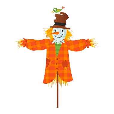 Bu şapkalı bir korkuluk karakteri. Düz tasarım vektör çizimi. Çocuk konsepti