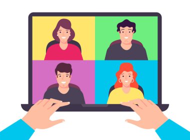 Evde çalışma süreci, video konferansı, ekip üyeleriyle görüntülü konuşma. Vektör düz tasarım çizimi. 