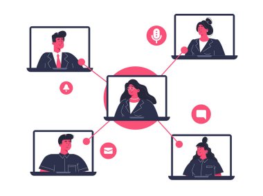 Evde çalışma süreci, video konferansı, ekip üyeleriyle görüntülü konuşma. Vektör düz tasarım çizimi. 