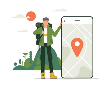 Turist karakteri, çok havalı bir tasarım, akıllı telefonlu dağlarda yaşayan bir adam, uygulama fikri ve konsepti. Düz tasarım.