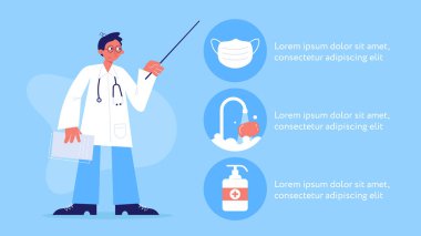 Coronovirus Infographic poster tasarımı, doktor hastalıktan kaçınmak için ana konuları ve dönüm noktalarını vurguluyor. Düz tasarım vektör çizimi. 