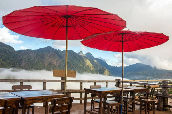 cafe with red Thai umbrellas