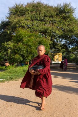 Bagan, Myanmar - 13 Ekim 2016: genç Budist acemiler yürüyüş sadaka ve teklifleri Bagan, Myanmar sokaklarında toplamaya.