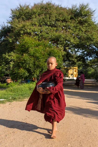Bagan, Myanmar - 13 Ekim 2016: genç Budist acemiler yürüyüş sadaka ve teklifleri Bagan, Myanmar sokaklarında toplamaya.