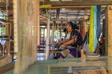 Luang Prabang - 24 Ocak 2017: Luang Prabang, Laos ipek dokuma kimliği belirsiz bir kadın. İpek üretim tesisimiz.
