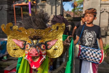 Bali, Endonezya - 6 Eylül 2016: Bali, Endonezya'da Ubud sokaklarında yürürken Barong oynayan Balinese çocuklar.