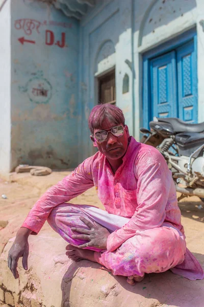 Barsana India March 2016 Portrait Unidentified Man Face Smeared Colors — Stock Photo, Image